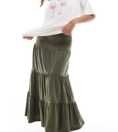 ONLY Petite ONLY Petite tiered maxi skirt in khaki green