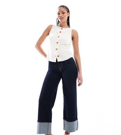 Only Tall ONLY Tall cropped wide leg turn-up hem jeans in indigo-Navy