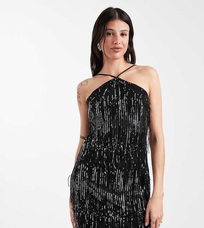 Only Tall ONLY Tall tasseled sequins halterneck mini dress in black