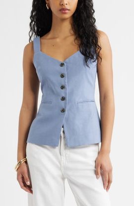 Open Edit Open Edit Button Front Linen Blend Tank