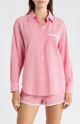 Open Edit Open Edit Eyelet Trim Seersucker Cotton Pajama Top