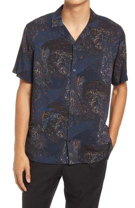 Open Edit Open Edit Galaxy Print Short Sleeve Button-Up Shirt