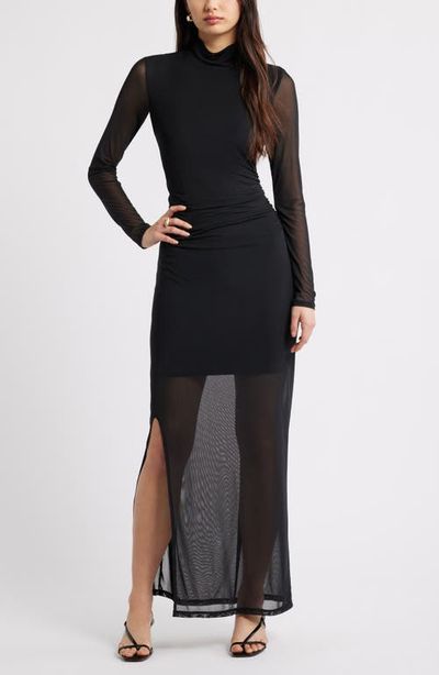 Open Edit - Mock Neck Long Sleeve Mesh Maxi Dress Open Edit - Mock Neck Long Sleeve Mesh Maxi Dress