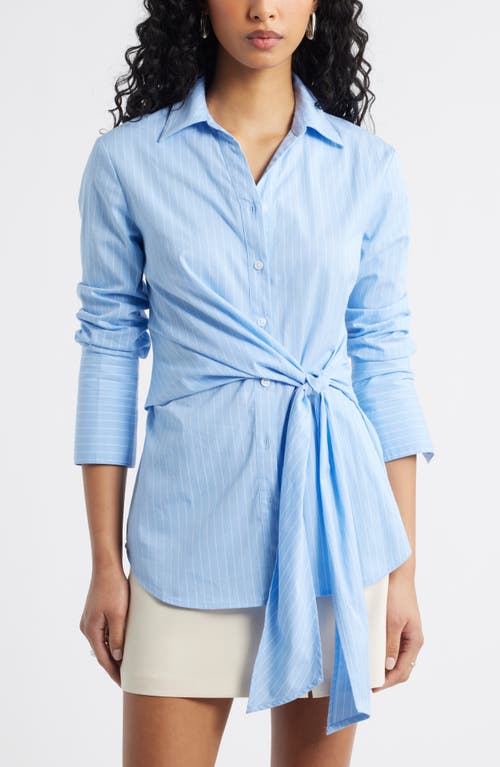 Open Edit Open Edit Pinstripe Button-Up Tie Waist Poplin Top