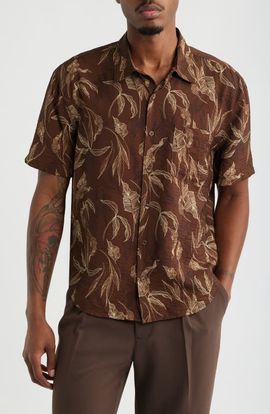 Open Edit Open Edit Sketched Leaves Print Relaxed Short Sleeve Button-Up Shirt
