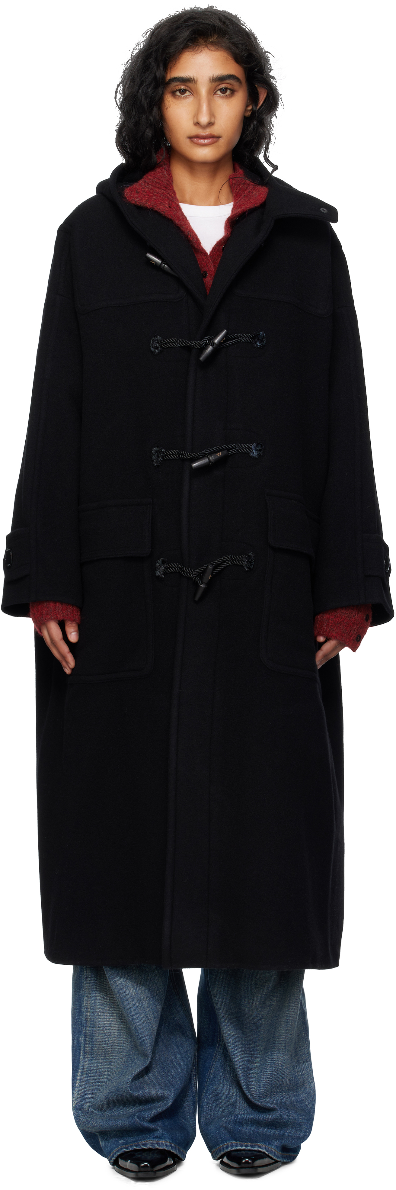 OPEN YY - Black Hooded Duffle Coat