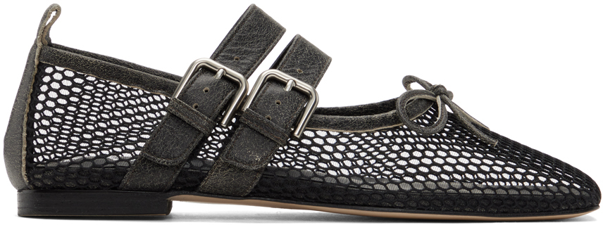OPEN YY - Black Mesh Buckle Ballerina Flats
