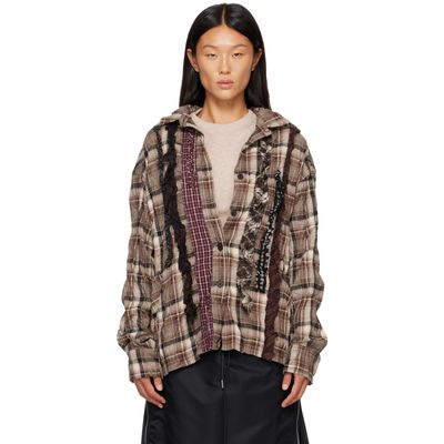 OPEN YY OPEN YY Brown Checkered Crinkle Ruffle Shirt