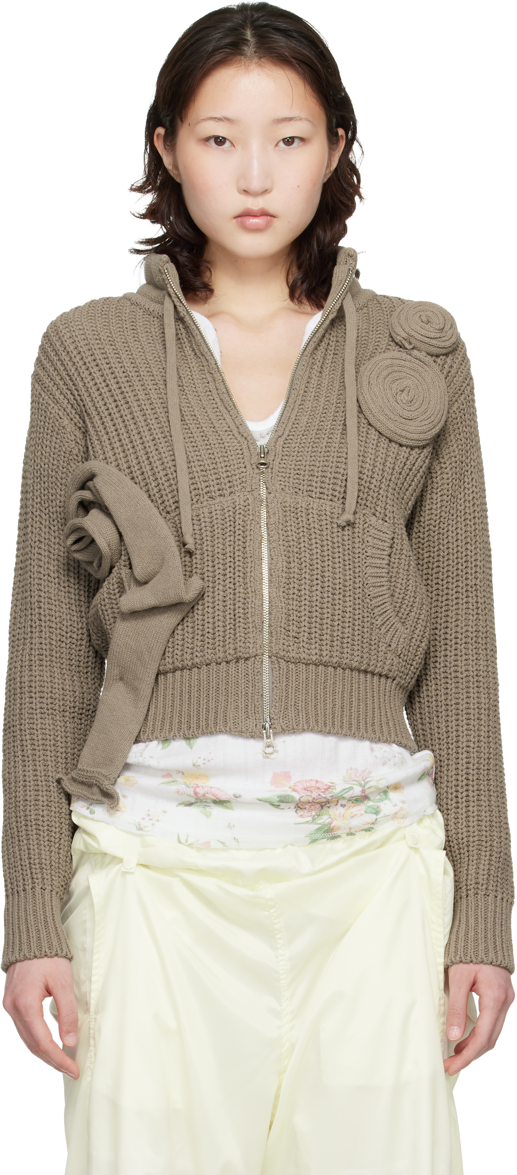 OPEN YY - Taupe Applique Knit Zipup Sweater