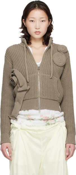 OPEN YY OPEN YY Taupe Applique Knit Zipup Sweater