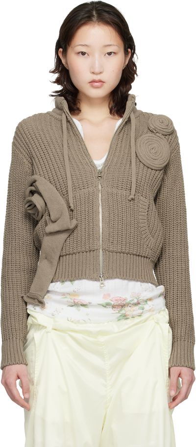 OPEN YY OPEN YY Taupe Applique Knit Zipup Sweater
