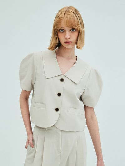 OPENING SUNSHINE Puff Sleeve Cropped Jacket_Beige