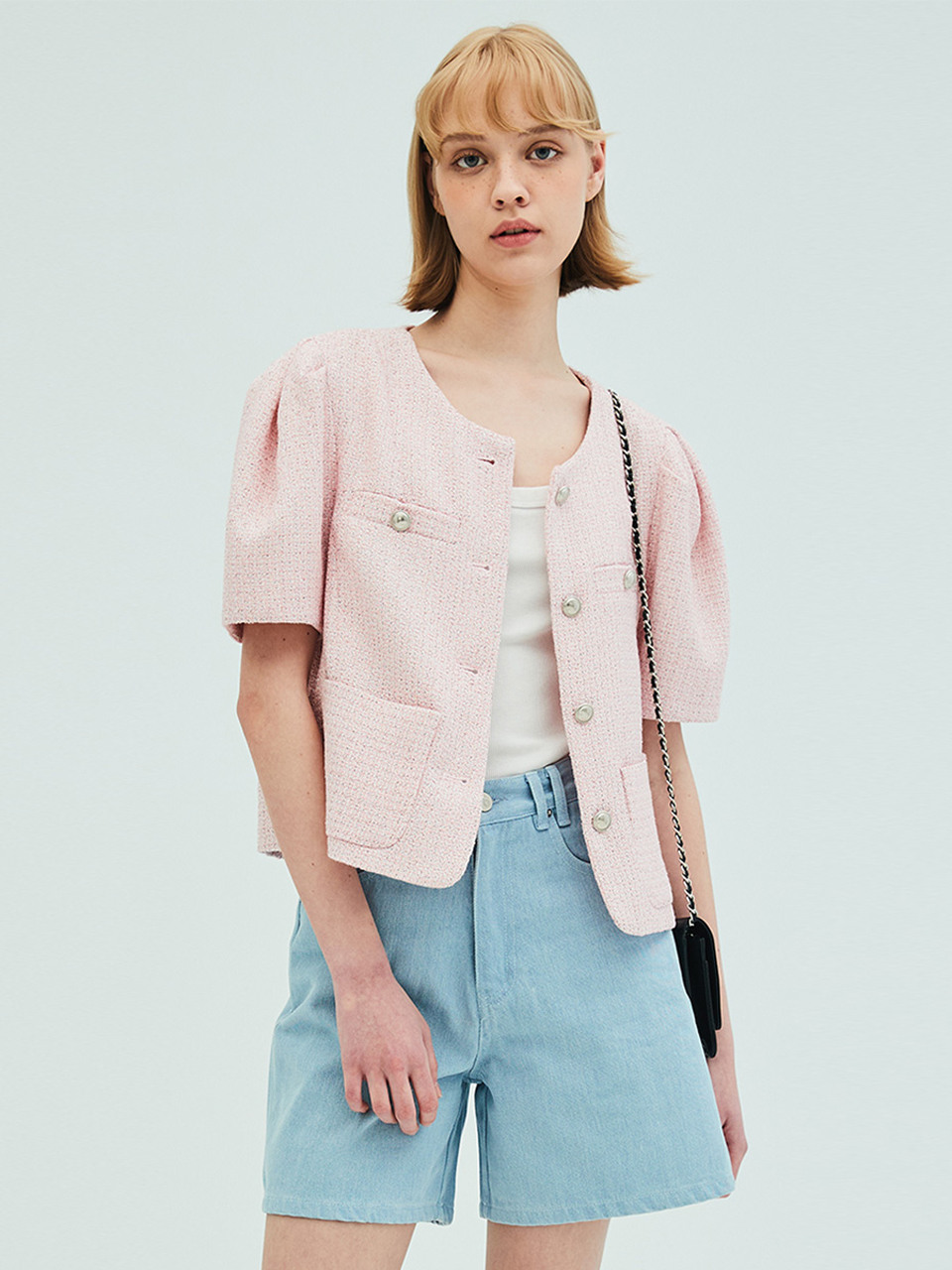 OPENING SUNSHINE Puff Sleeve Tweed Jacket_Pink