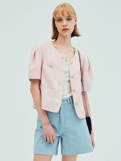 OPENING SUNSHINE Puff Sleeve Tweed Jacket_Pink