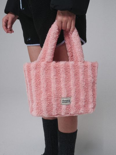 OPENING SUNSHINE Striped shearling tote bag_Pink