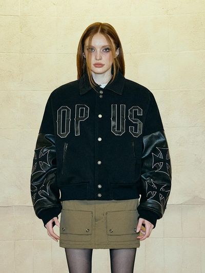 OPUS 0012 Quilted Patched Varsity Jacket [Black]