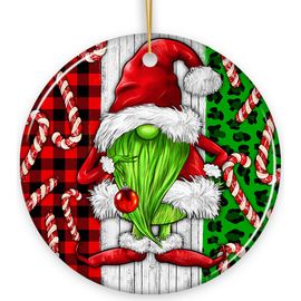OrnamentallyYou OrnamentallyYou Green Gnome Candy Cane Plaid Ceramic Ornament