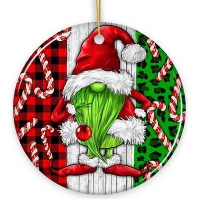 OrnamentallyYou OrnamentallyYou Green Gnome Candy Cane Plaid Ceramic Ornament