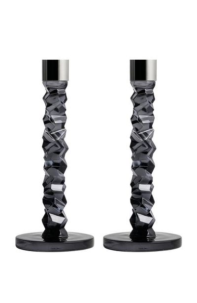 Orrefors Orrefors Carat Set of 2 Medium Crystal & Stainless Steel Candlesticks
