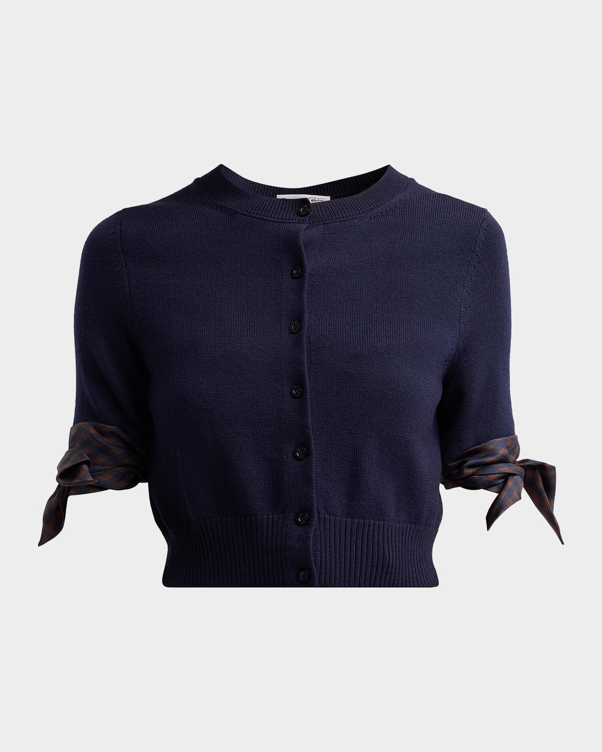 Oscar de la Renta Argyle Silk Cuffs Crop Crewneck Cardigan