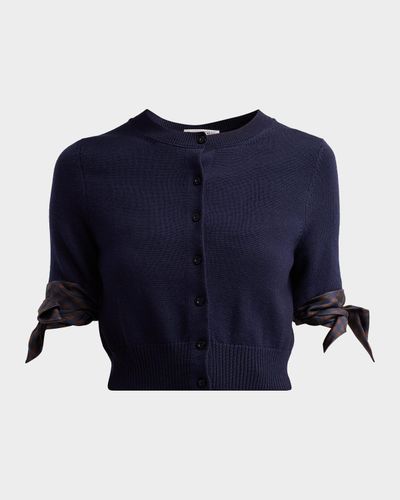 Oscar de la Renta Argyle Silk Cuffs Crop Crewneck Cardigan