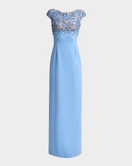 Oscar de la Renta Bitty Hoya Flowers Embroidered Cap-Sleeve Gown