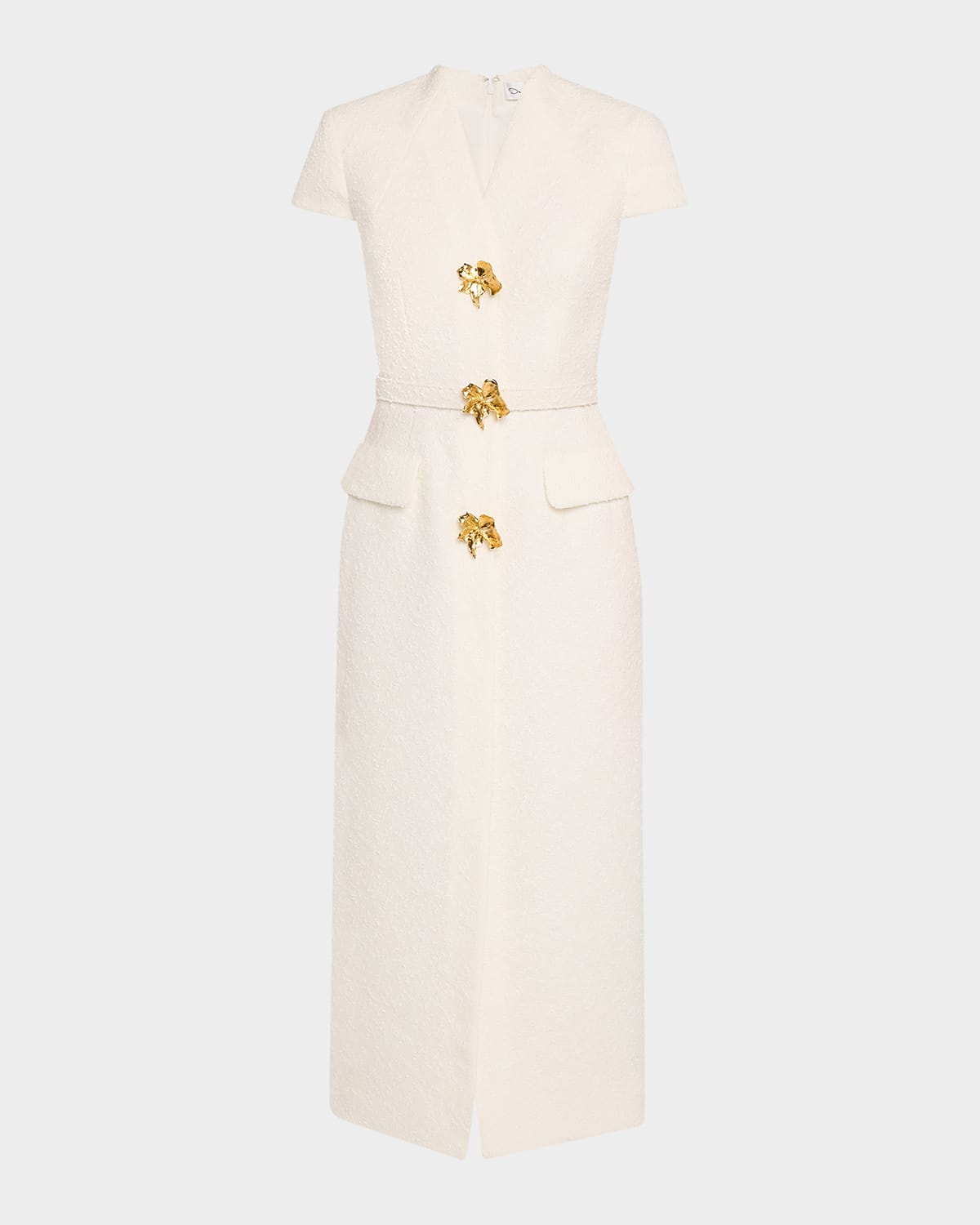 Oscar de la Renta Cap-Sleeve Slub Tweed Buttoned Midi Day Dress