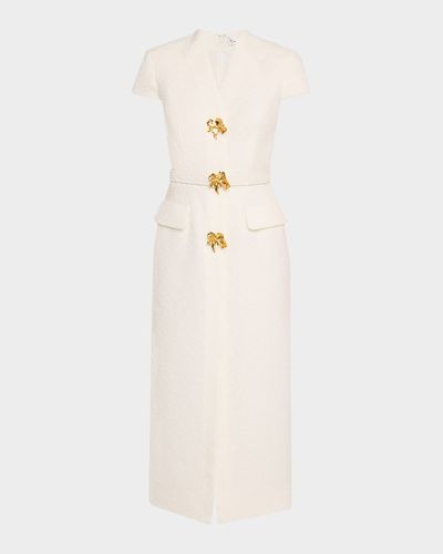 Oscar de la Renta Cap-Sleeve Slub Tweed Buttoned Midi Day Dress