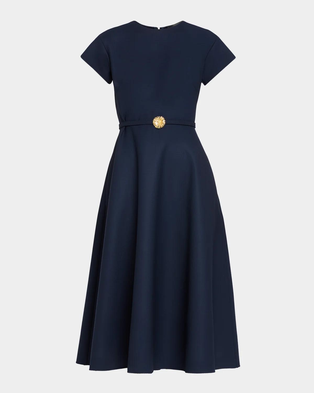 Oscar de la Renta Cap-Sleeve Wool Belted Midi Dress