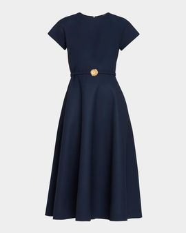 Oscar de la Renta Cap-Sleeve Wool Belted Midi Dress