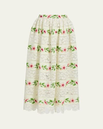 Oscar de la Renta Chine Hibiscus Striped Lace-Inset Midi Skirt