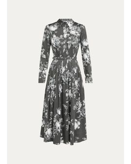 Oscar de la Renta Chine Peony Print Cotton Belted Midi Shirtdress