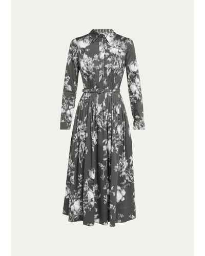 Oscar de la Renta Chine Peony Print Cotton Belted Midi Shirtdress