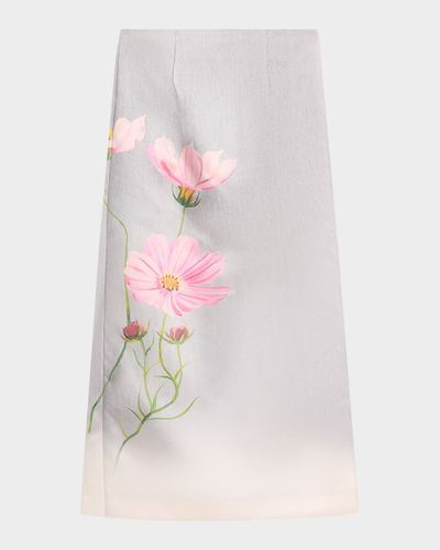 Oscar de la Renta Cosmos Flower-Print Satin Midi Skirt