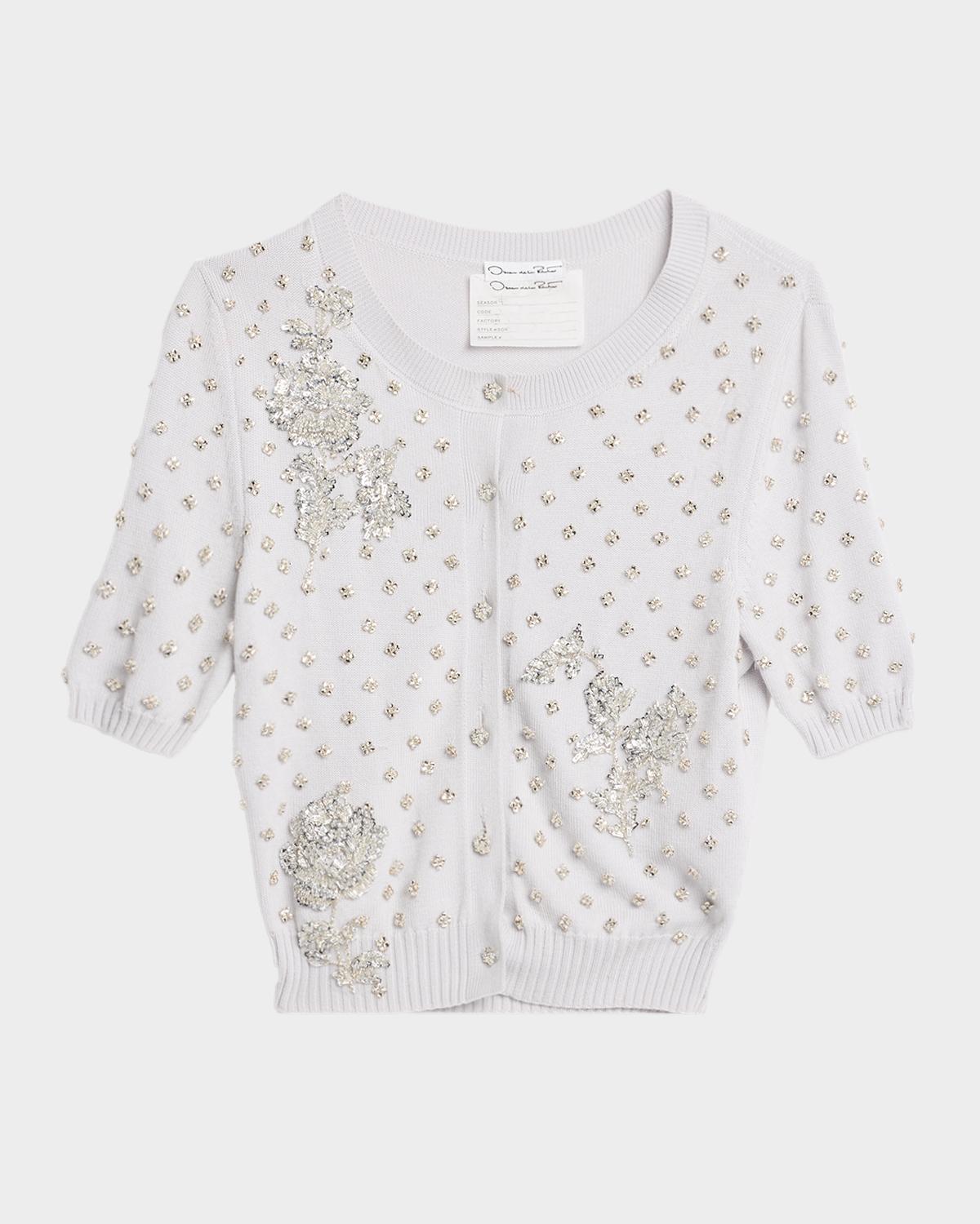 Oscar de la Renta Crystal Floral Embellished Short-Sleeve Cardigan