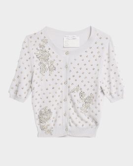 Oscar de la Renta Crystal Floral Embellished Short-Sleeve Cardigan