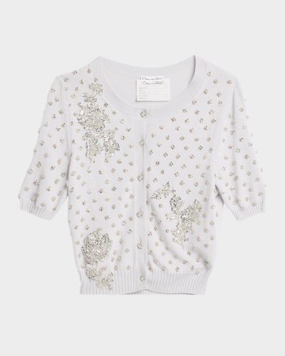Oscar de la Renta Crystal Floral Embellished Short-Sleeve Cardigan