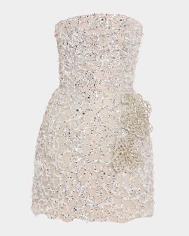 Oscar de la Renta Crystal Leaves Embroidered Strapless Mini Dress