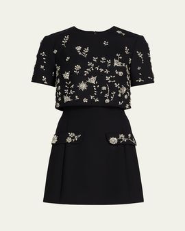Oscar de la Renta Crystal Short-Sleeve Bolero Mini Dress