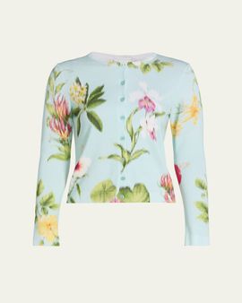 Oscar de la Renta Dominican Floral-Print Crewneck Cardigan
