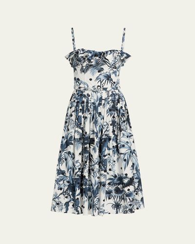 Oscar de la Renta Dotted Palm-Print Ruffle Sleeveless Midi Dress With Belt
