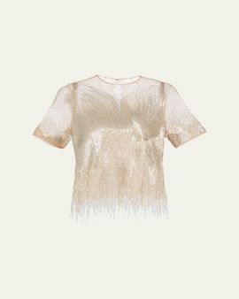 Oscar de la Renta Embellished Tulle Illusion Blouse