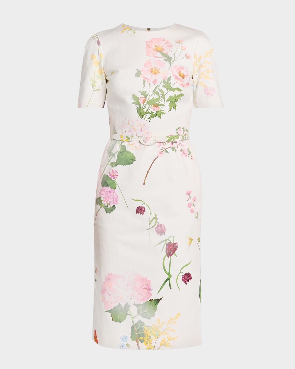 Oscar de la Renta Faded Botanical Short-Sleeve Midi Dress With Belt