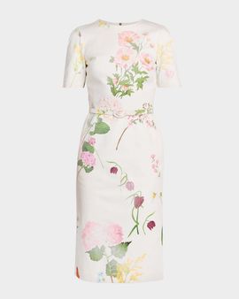 Oscar de la Renta Faded Botanical Short-Sleeve Midi Dress With Belt