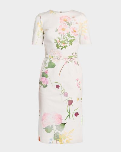 Oscar de la Renta Faded Botanical Short-Sleeve Midi Dress With Belt
