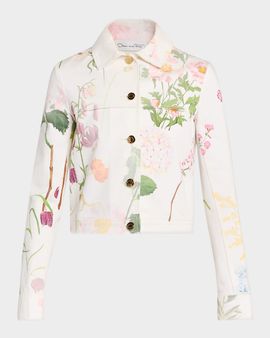 Oscar de la Renta Faded Mixed Botanical Print Cotton Single-Breasted Jacket