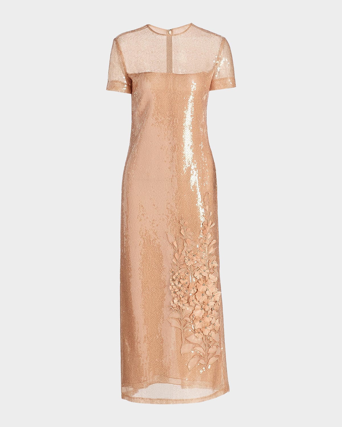 Oscar de la Renta Feather Applique Cap-Sleeve Sequined Midi Cocktail Dress