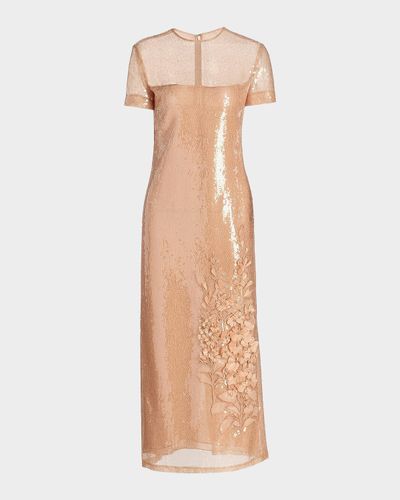 Oscar de la Renta Feather Applique Cap-Sleeve Sequined Midi Cocktail Dress