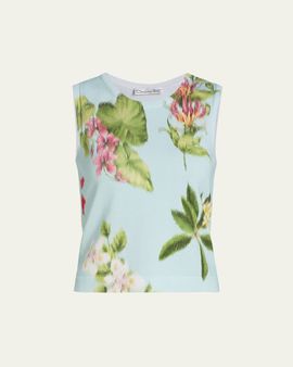 Oscar de la Renta Floral-Print Cotton Knit Sleeveless Top
