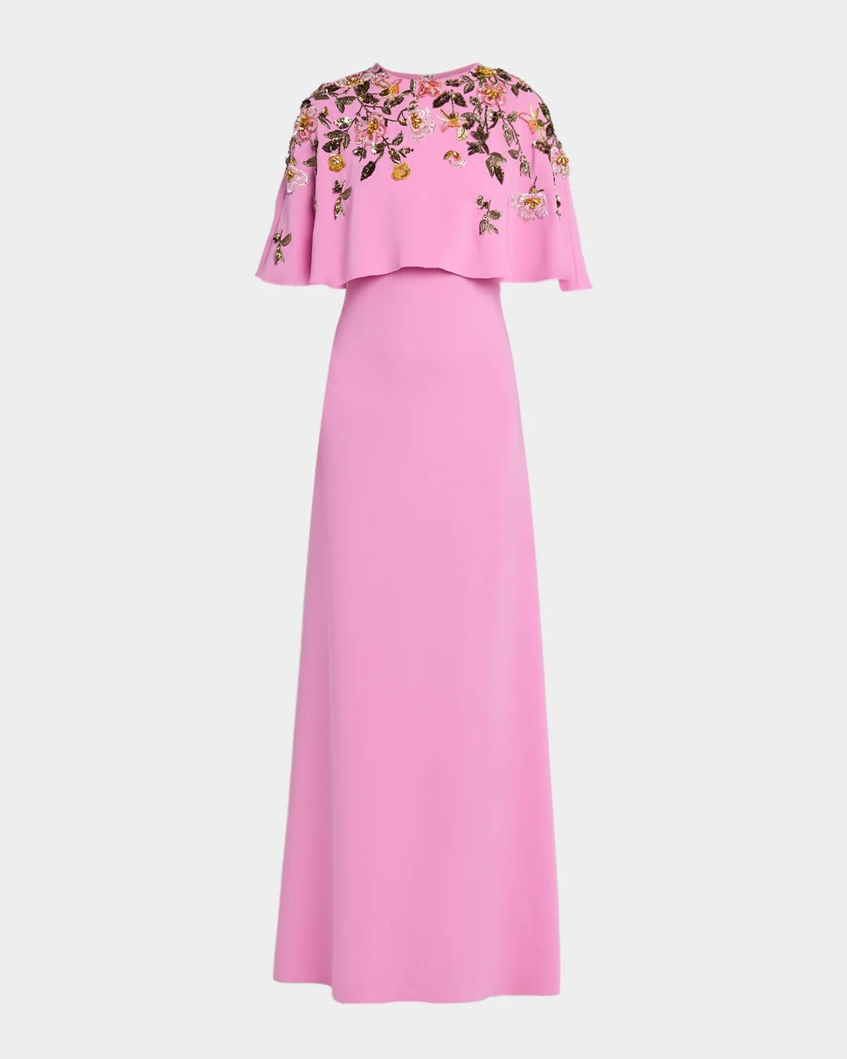 Oscar de la Renta Floral Beaded Capelet Silk Georgette Gown